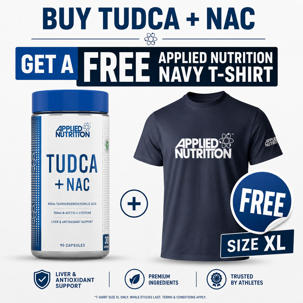 Applied Nutrition TUDCA + NAC supplement bottle shown next to a navy blue T-shirt with the Applied Nutrition logo, with promotional text offering a free navy T-shirt and a size XL badge.