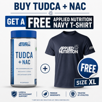 Applied Nutrition TUDCA + NAC supplement bottle shown next to a navy blue T-shirt with the Applied Nutrition logo, with promotional text offering a free navy T-shirt and a size XL badge.